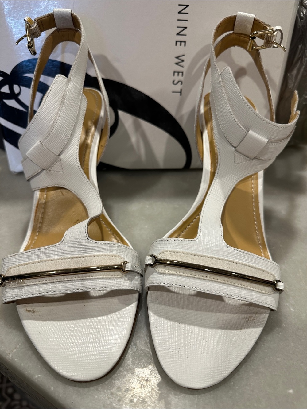 Nine West White T-Strap Heeled Sandals with Gold Accent